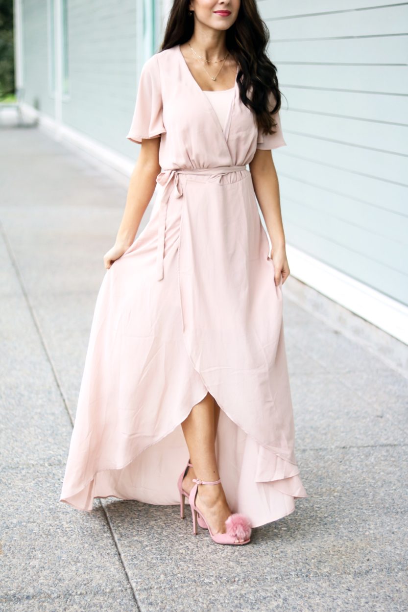 blush flutter sleeve dress