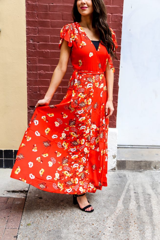 Red Floral Wrap Maxi Dress