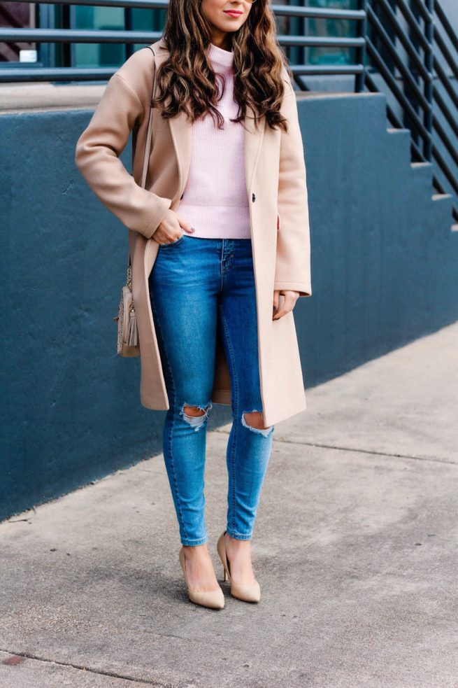 Camel Coat and Pink Sweater Street Style