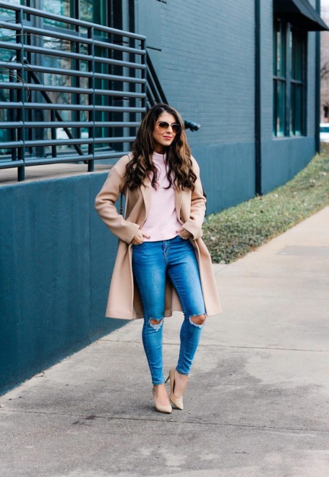 Camel Coat and Pink Sweater Styled with Jeans