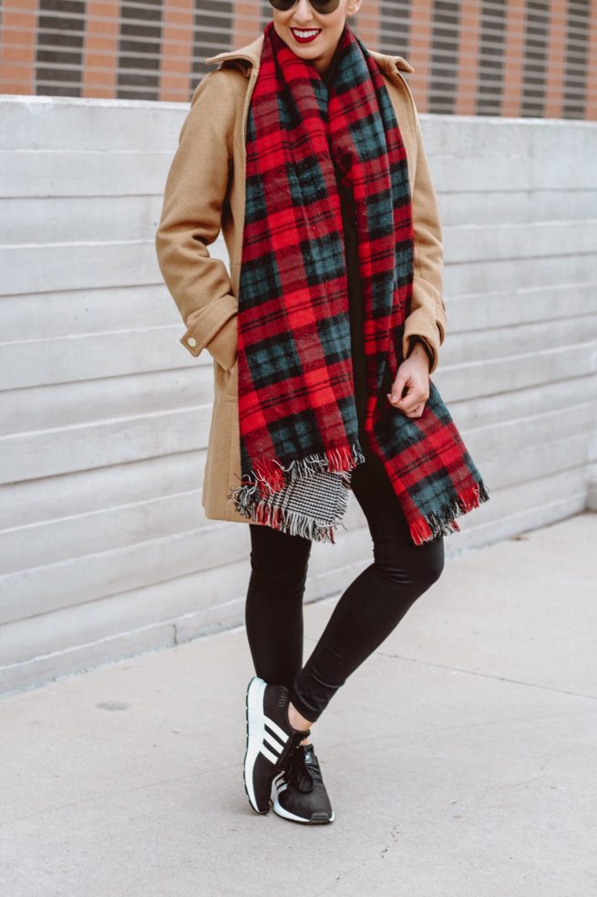 Camel Coat and Red Plaid Scarf with and Athletic Look