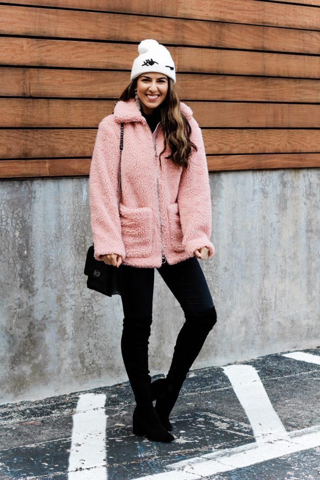 Pink Cozy Jacket for Winter Styled with Over the Knee Boots