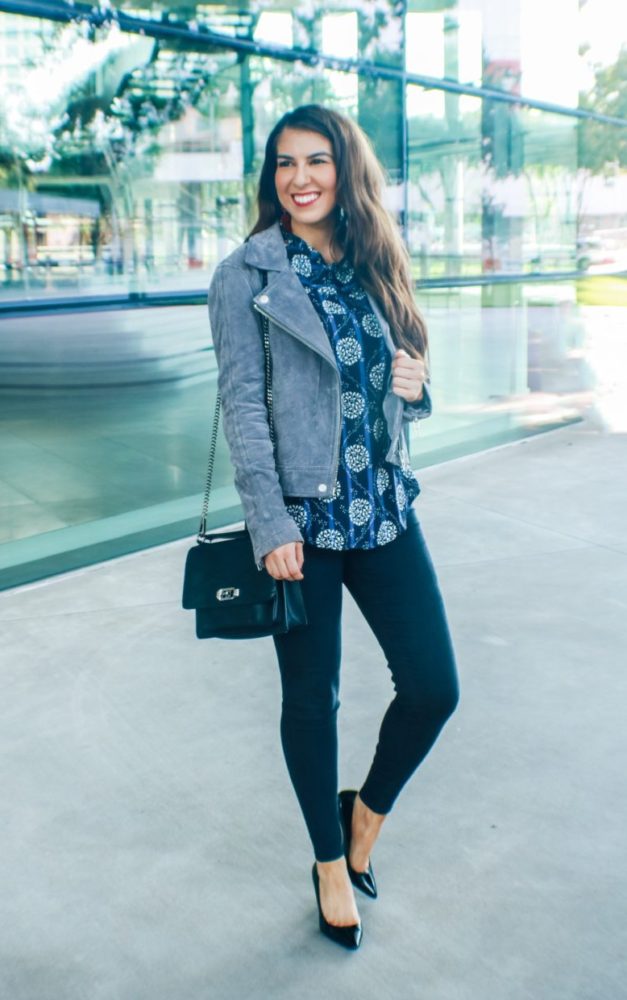 Beautiful Grey Suede Jacket and Blue Floral Blouse 