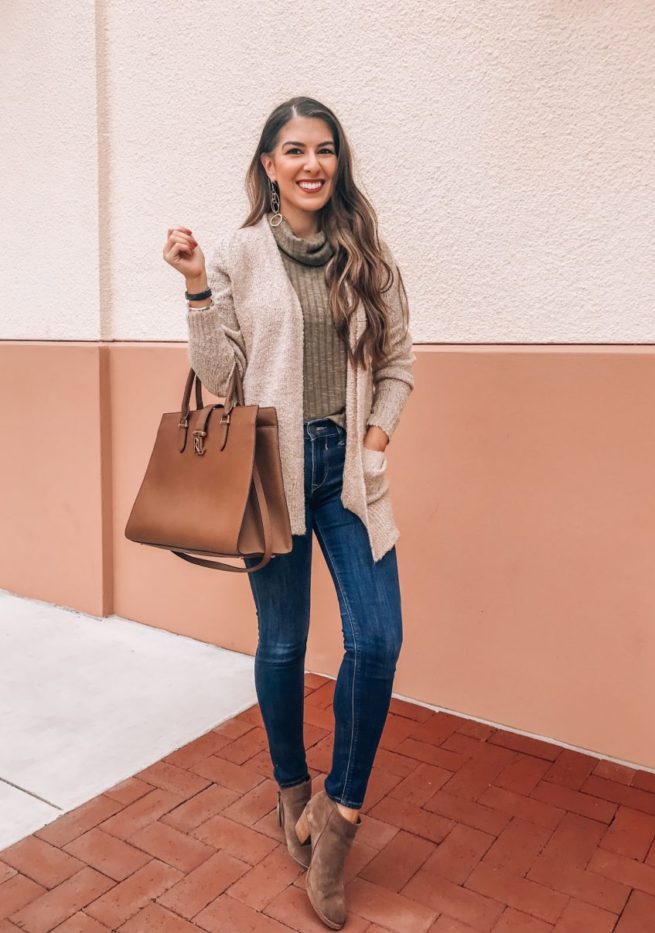 Oatmeal Cardigan and Olive Turtleneck Styled 