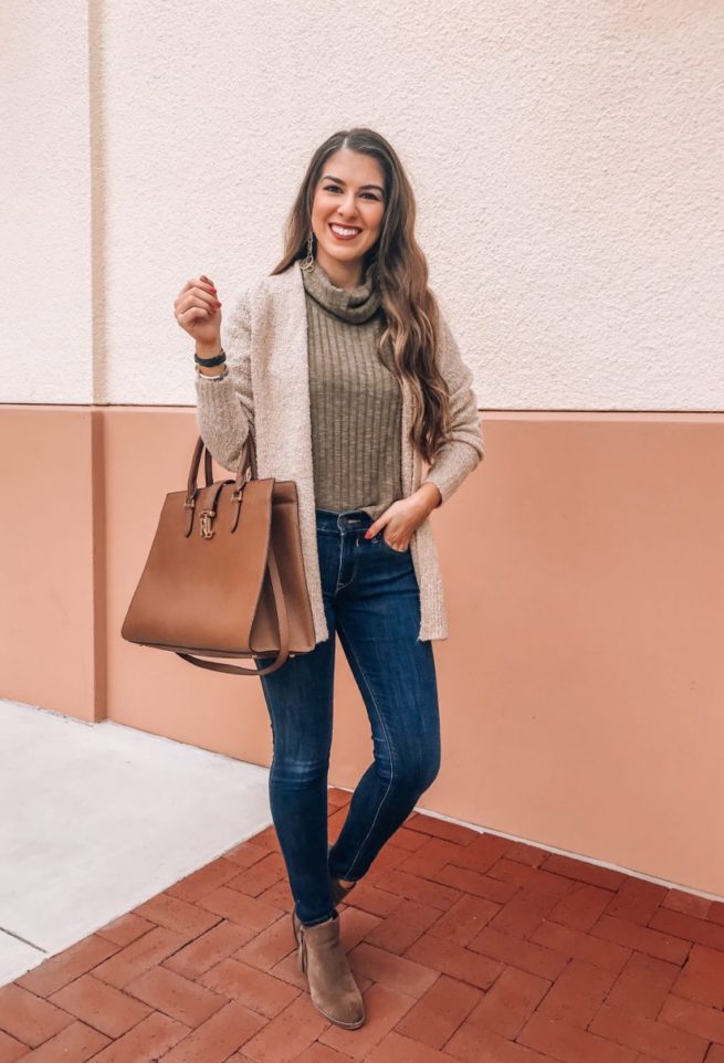 Oatmeal Cardigan and Olive Turtleneck 