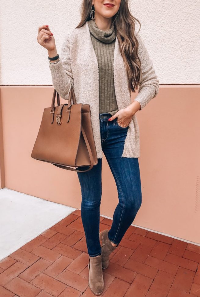 Cozy Oatmeal Cardigan and Olive Turtleneck Styled 