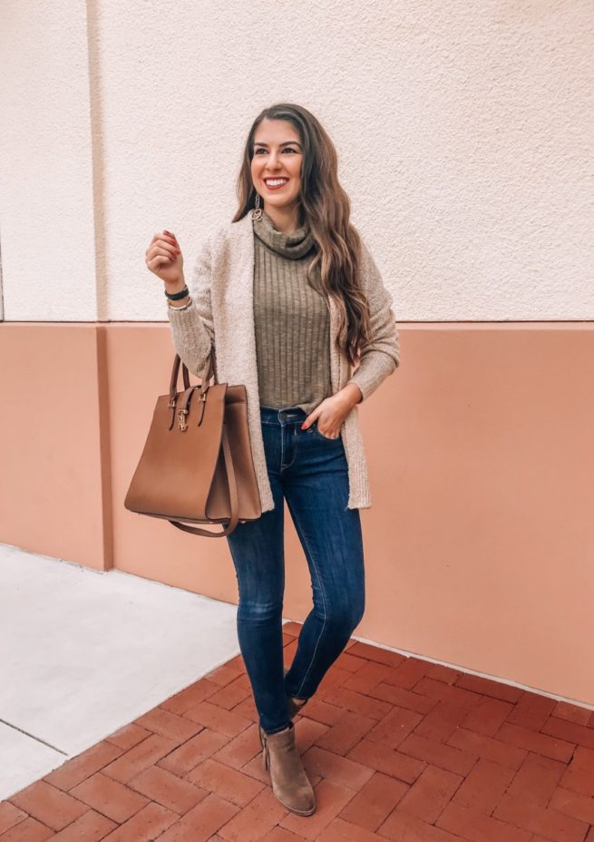 Super Cozy Oatmeal Cardigan and Olive Turtleneck 