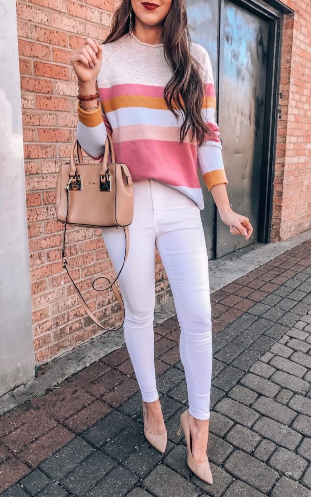 Cute Pink Stripe Sweater and White Jeans Winter Outfit 