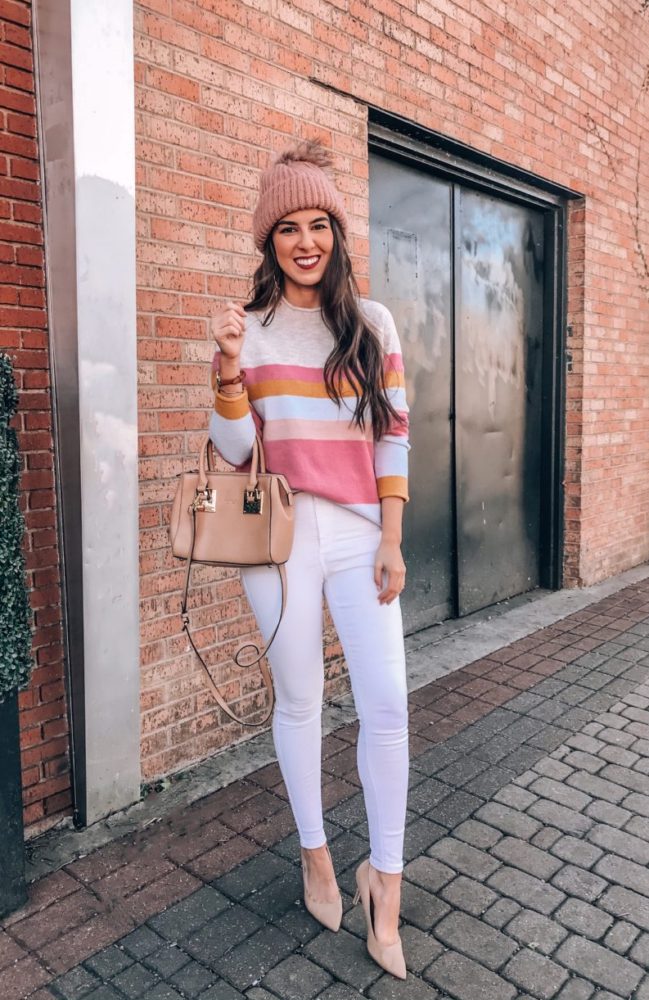 Cute Stripe Sweater Styled with White Jeans 