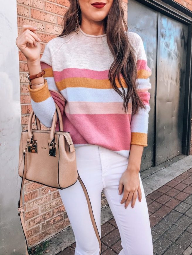 Cute Pink Stripe Sweater and White Jeans 