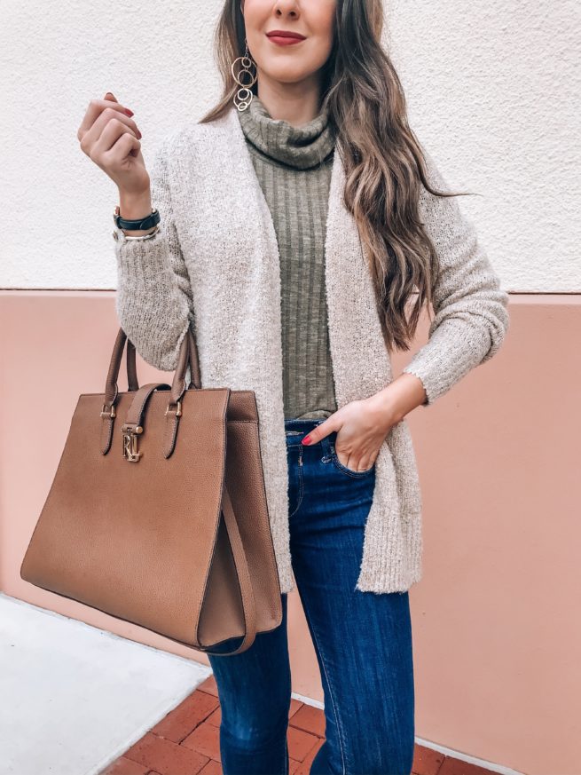 Affordable Oatmeal Cardigan and Olive Turtleneck 