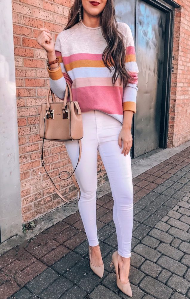 Cute Pink Stripe Sweater and White Jeans 