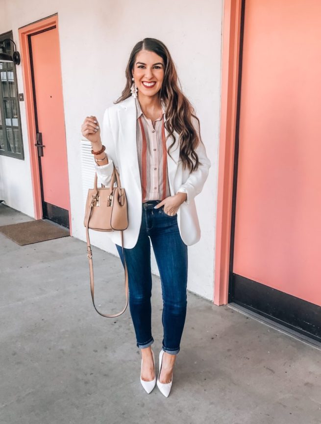 White Blazer and Stripe Button Up Top 