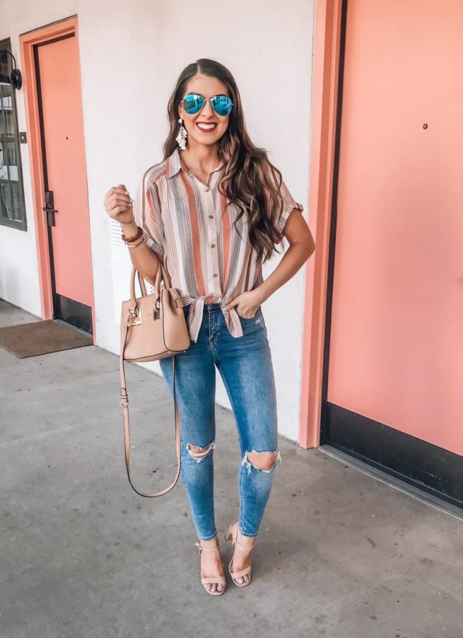 Spring Stripe Button Up Shirt and Ripped Jeans 