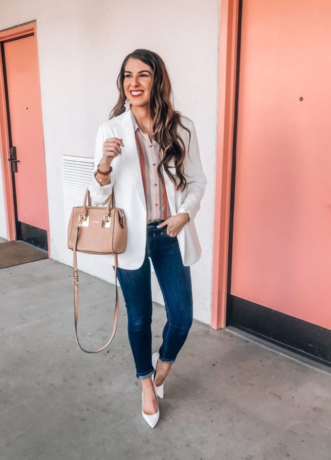 Classic White Blazer and Stripe Button Up Top 