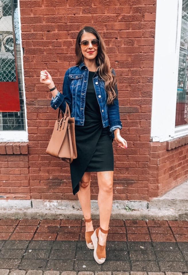 Classic Black Twist Dress with Denim Jacket 