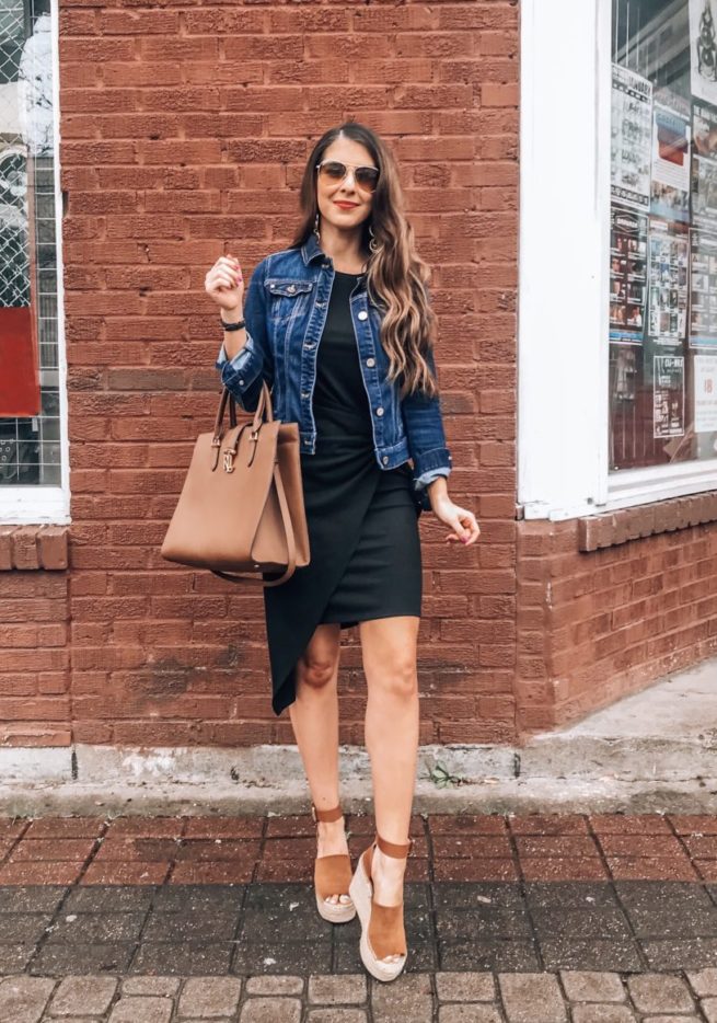 Denim Jacket Styled with a Classic Little Black Dress 