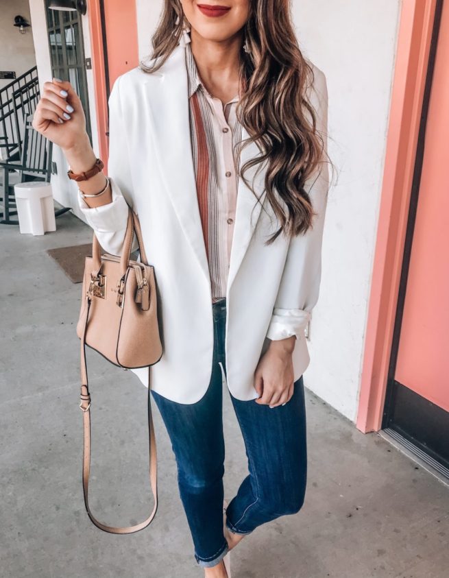 White Blazer Styled with Stripe Button Up Top 