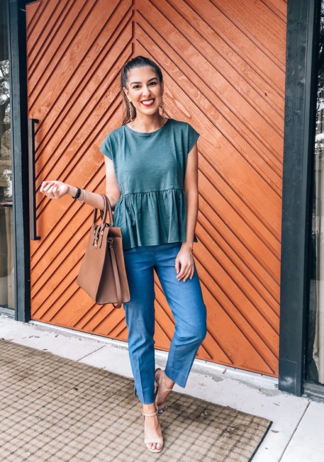 Sage Green Peplum Top and Denim Blue Dress Pants 