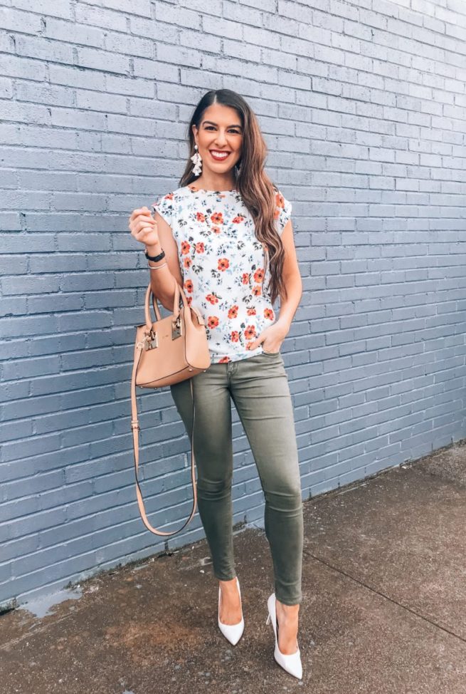 Cute Floral Top for Spring and Olive Pants 