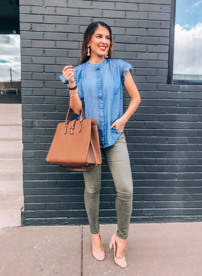 Cute Chambray Ruffle Top for the Office 