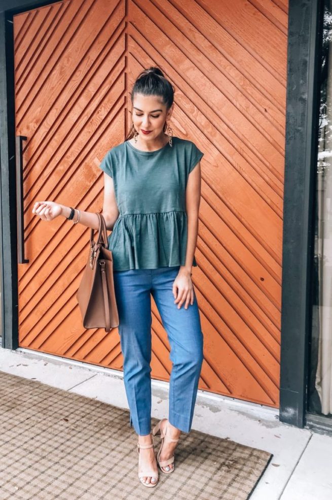 Sage Green Peplum Top and Denim Blue Dress Pants 