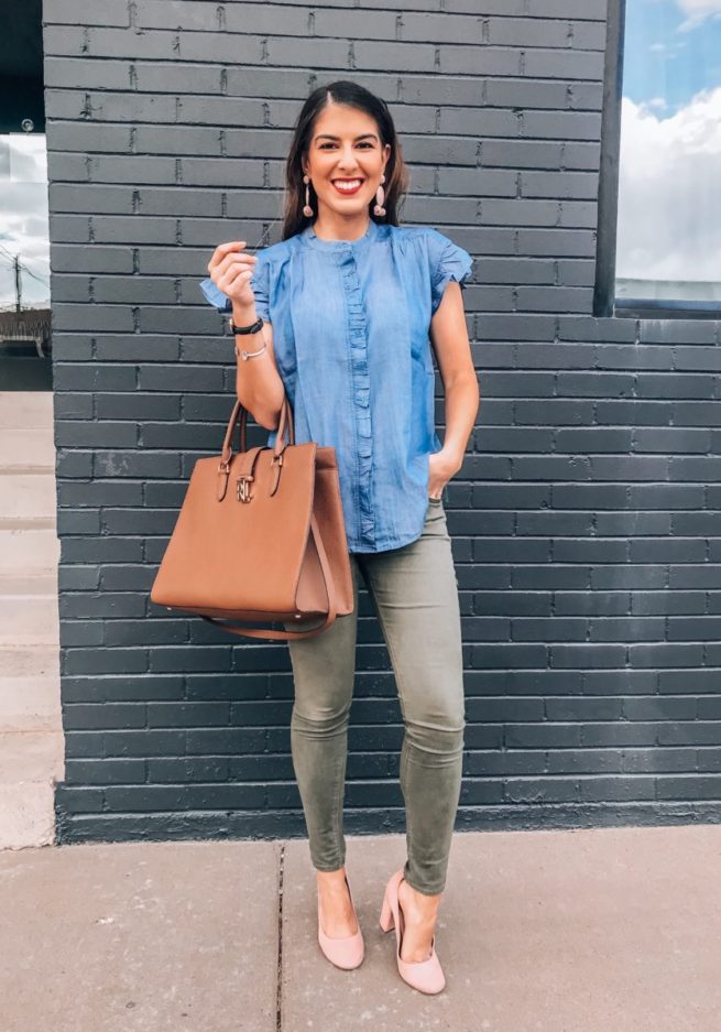 Chambray Ruffle Top with Olive Pants for Work Wear 