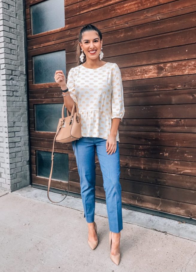 Cute Yellow Polka Dot Peplum Top and Denim Dress Pants 