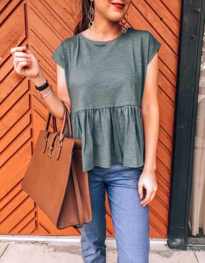 Sage Green Peplum Top and Denim Blue Dress Pants 