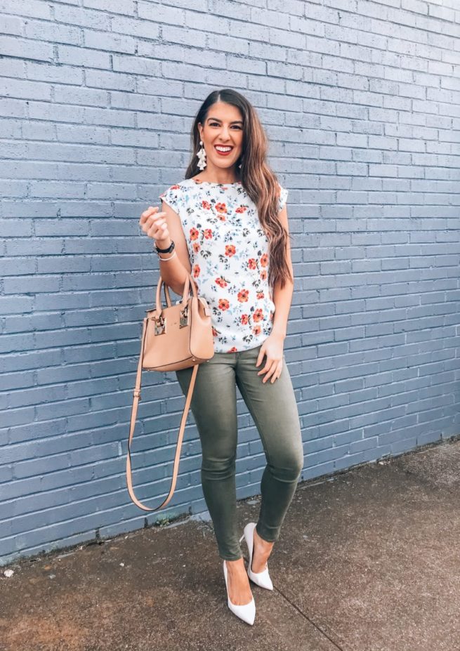 Cute Floral Top for Spring and Olive Pants 