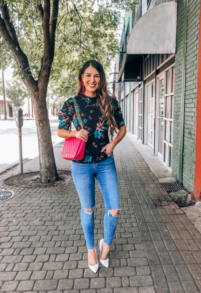 Classy Black Floral Blouse and Ripped Jeans for Spring and Summer 