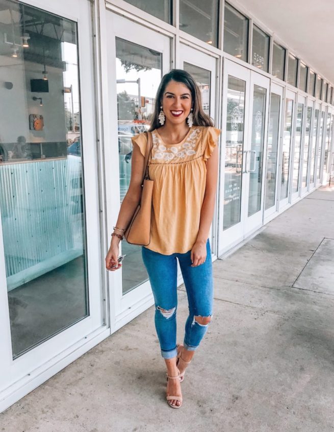 Yellow Embroidered Flutter Sleeve Top 