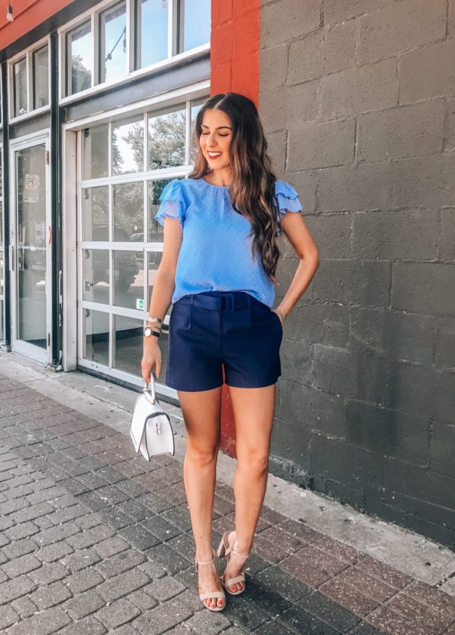 Blue Ruffle Blouse and Navy Blue Shorts 