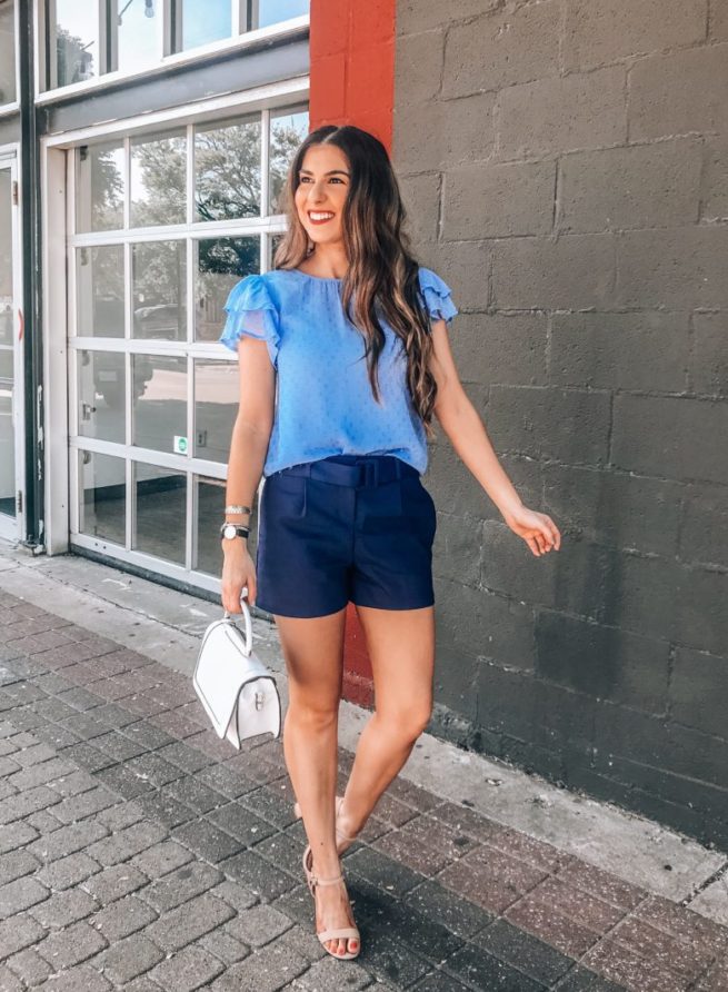 Blue Ruffle Blouse and Navy Blue Shorts 