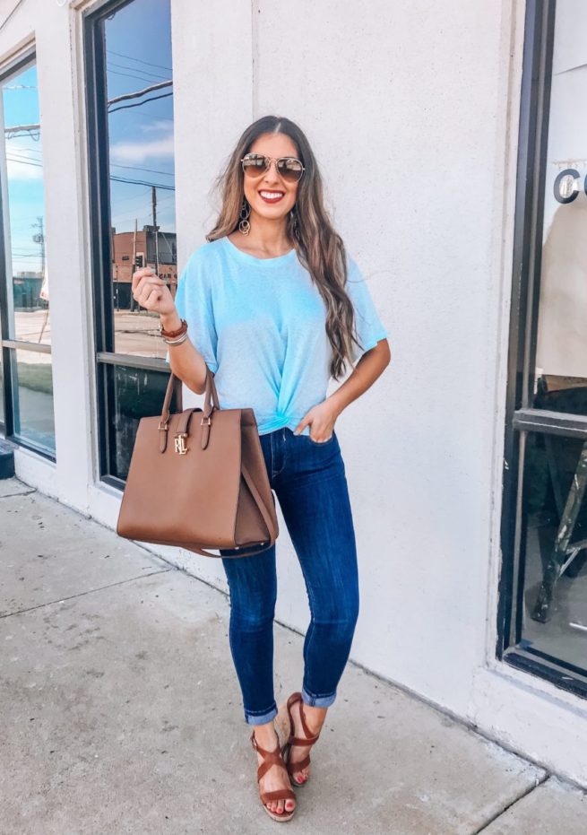 Cute Blue Twist Tee and Denim Jeans 