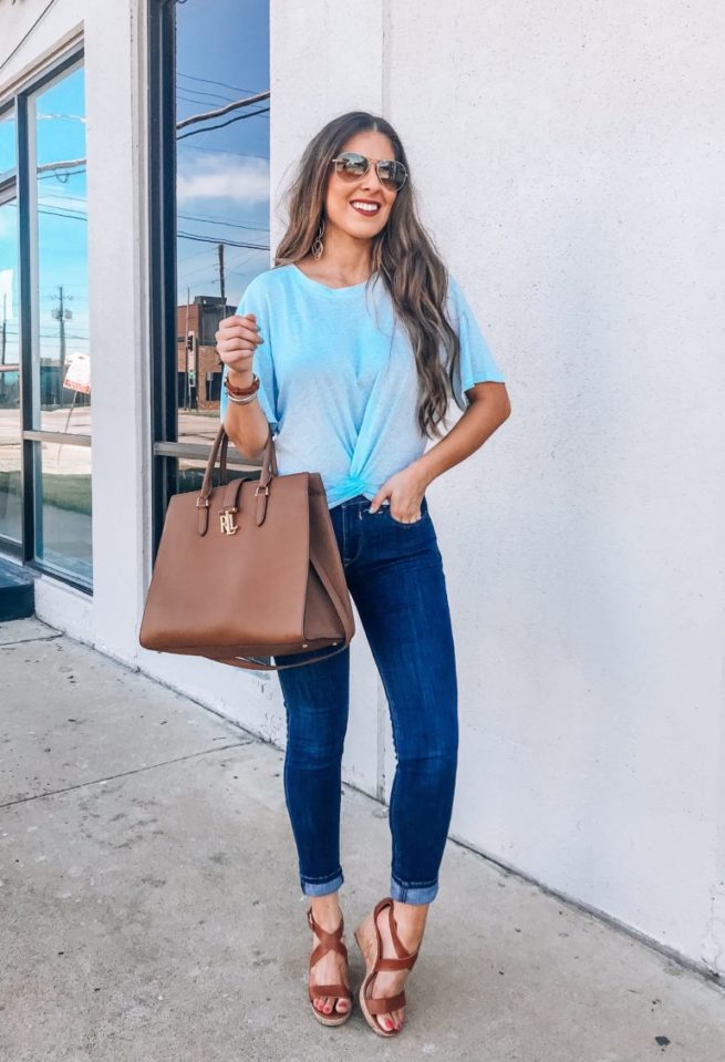 Cute Blue Twist Tee and Denim Jeans 