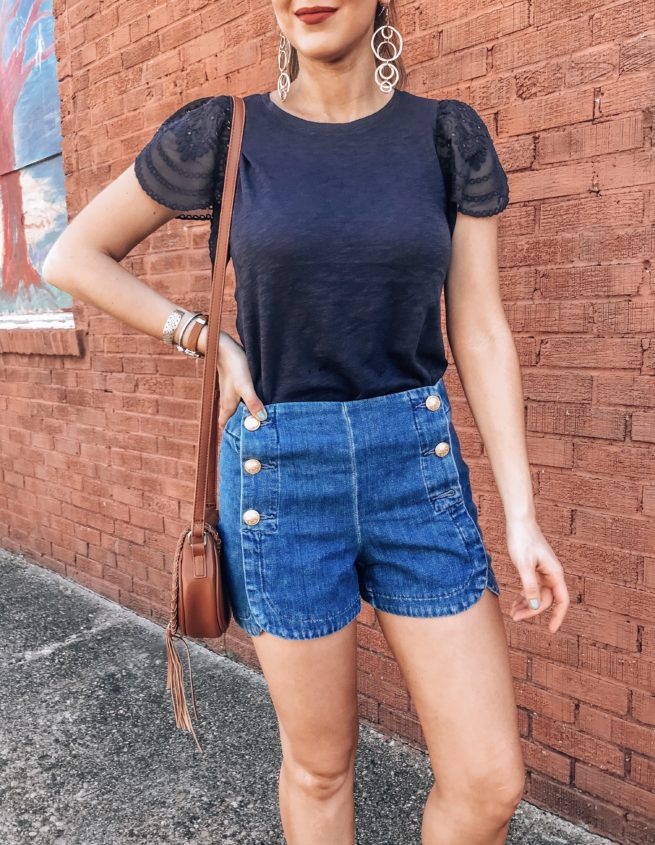 Navy Blue Eyelet Tee and Button Denim Shorts