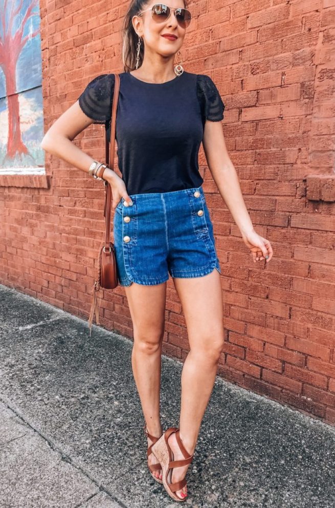 Navy Blue Eyelet Tee and Button Denim Shorts