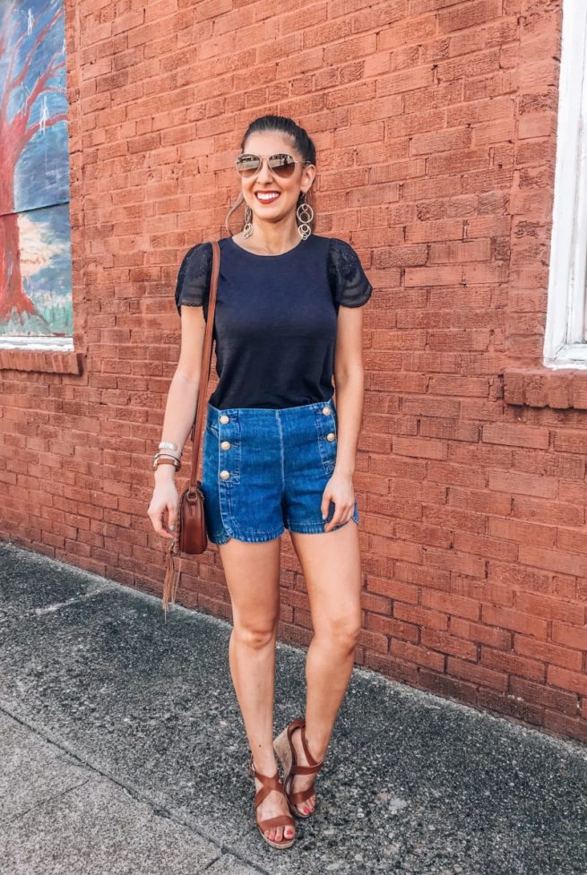 Navy Blue Eyelet Tee and Button Denim Shorts