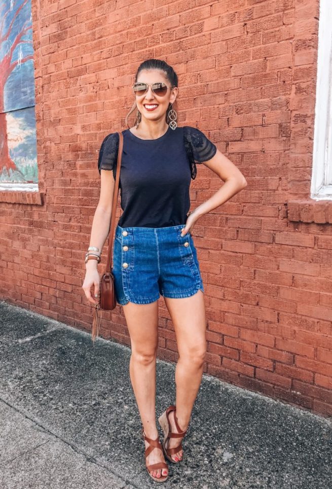 Navy Blue Eyelet Tee and Button Denim Shorts