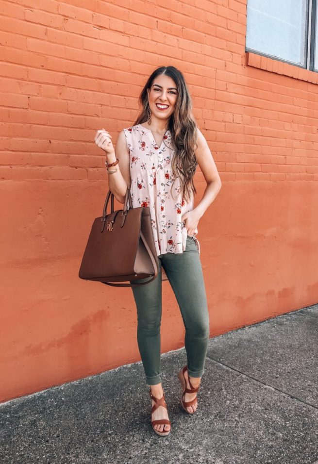 Pink Floral Top and Olive Pants 