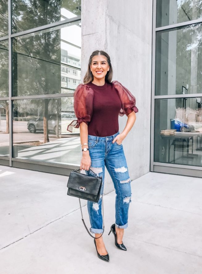 Wine Bubble Sleeve Knit Top with Bows and Ripped Jeans 