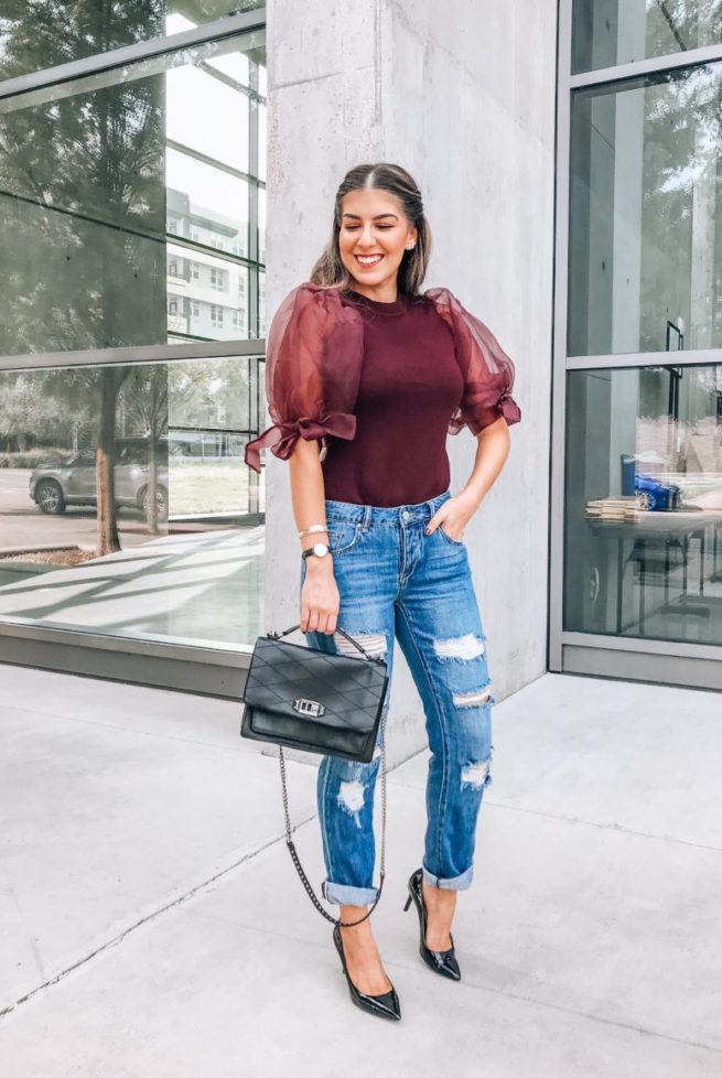 Wine Bubble Sleeve Knit Top with Bows and Ripped Jeans for Fall 