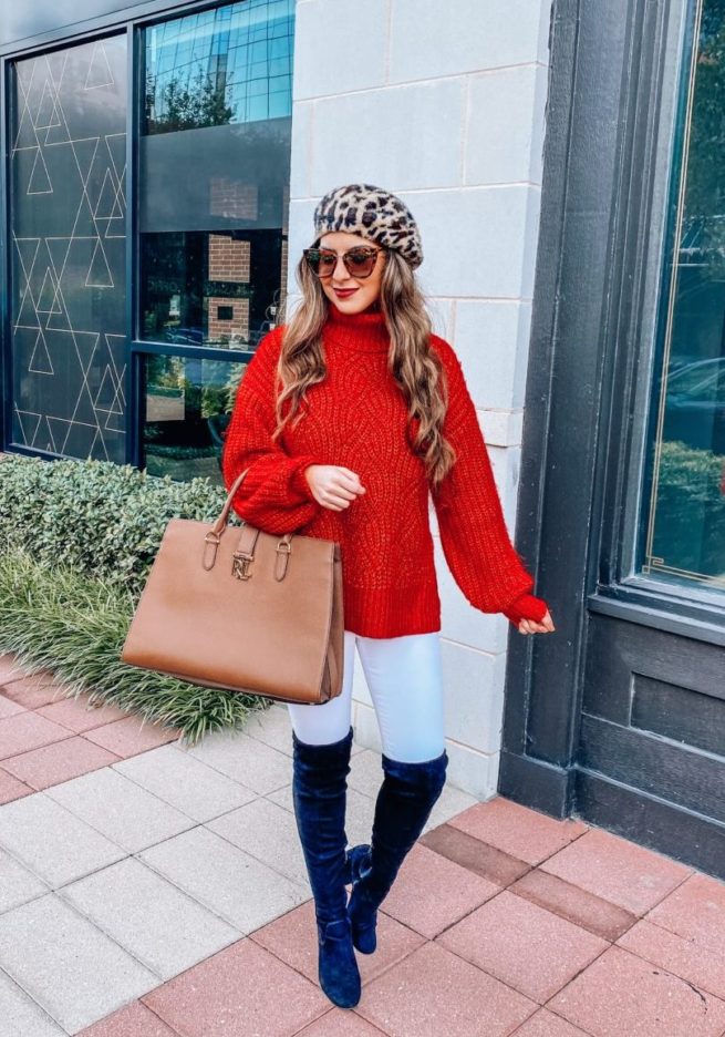 Red Cable Knit Turtleneck Sweater for Fall 