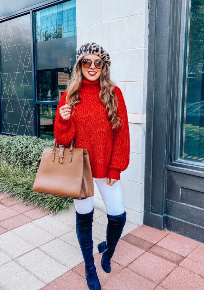 Red Cable Knit Sweater with White Jeans and Over the Knee Boots 