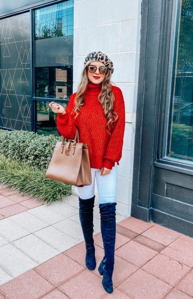 Red Cable Knit Sweater Styled for Fall Season 