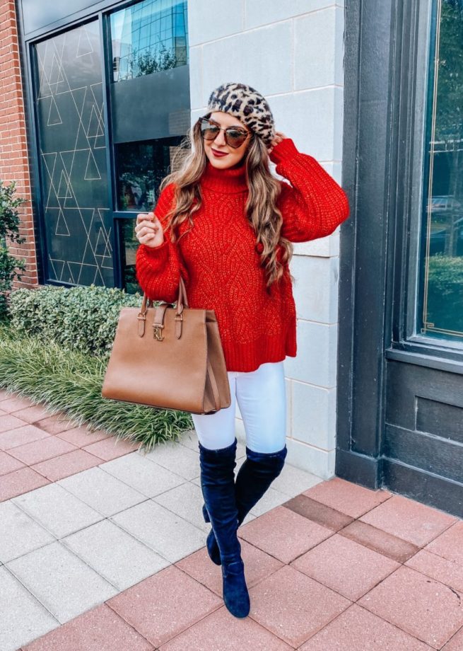 Beautiful Red Cable Knit Turtleneck Sweater for Fall 