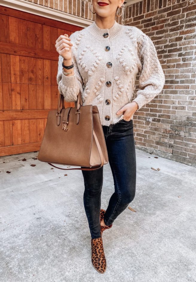 Oatmeal Colored Pom Pom Cardigan for Fall Styled with Jeans and Leopard Booties 