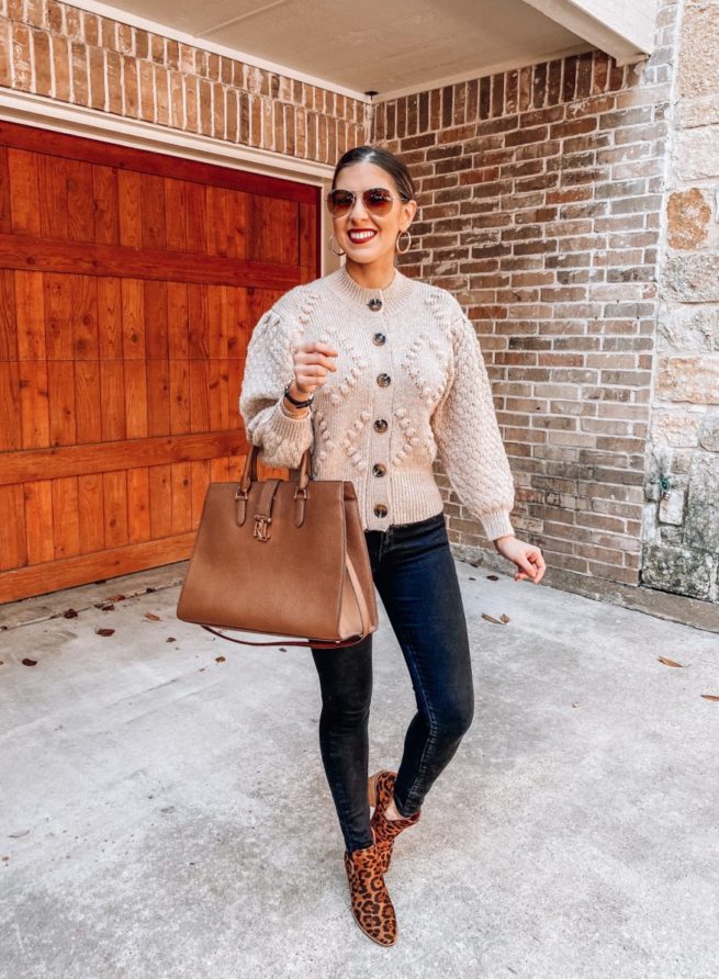 Pom Pom Cardigan with Black Jeans and Leopard Booties 