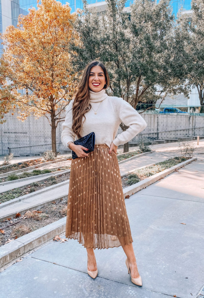 Turtleneck and Pleated Skirt with Gold Dots for the Holidays 